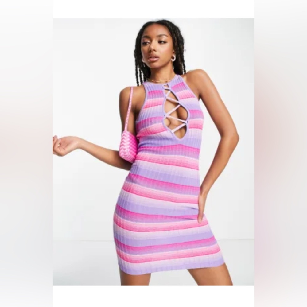 ASYOU Lace up knit stripe dress